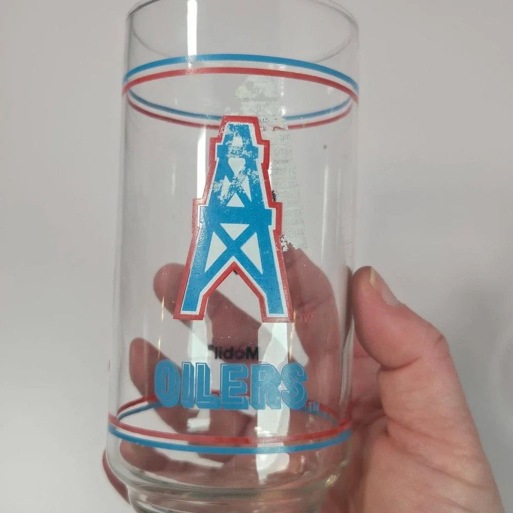 Mobil NFL Houston Oilers Glasses Vintage Set of 2 Clear Blue Red Promotional